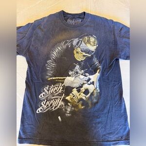 Distressed Graphic Tee with Tattoo Gun& Skull Design 86 Dyse One Authentic